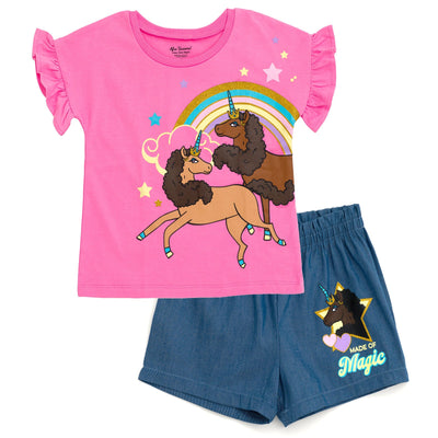 Afro Unicorn T-Shirt and Chambray Shorts Outfit Set - imagikids