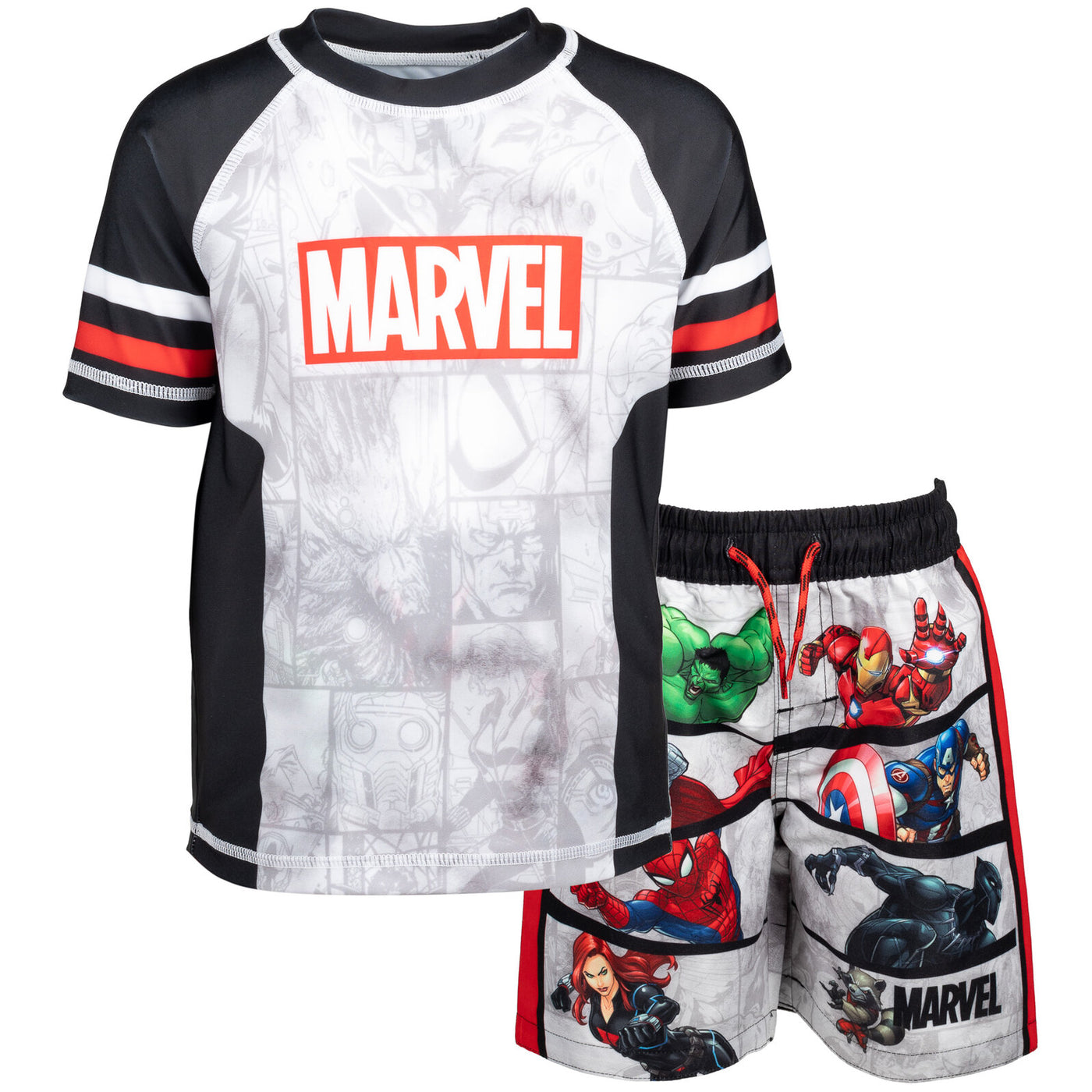 Marvel Avengers UPF 50+ Pullover Rash Guard Swim Trunks Outfit Set
