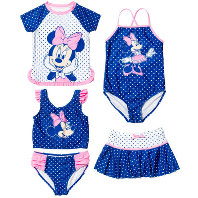 Disney Minnie Mouse UPF 50+ One Piece Bathing Suit Bikini Top Rash Guard Modest Swimsuit Skirt Bottom 5 Set - imagikids