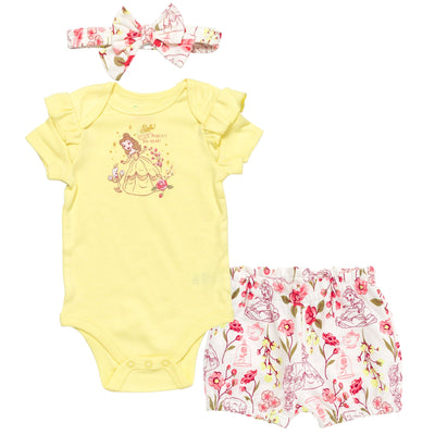 Disney Princess Belle Bodysuit Bubble French Terry Shorts and Headband 3 Piece Outfit Set - imagikids