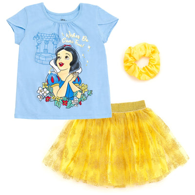 Disney Princess Snow White T-Shirt Tulle Mesh Skirt and Scrunchie 3 Piece Outfit Set - imagikids