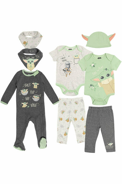 Star Wars The Mandalorian 8 Piece Outfit Set: Bodysuits Sleep N' Play Coverall Pants Hat Bibs