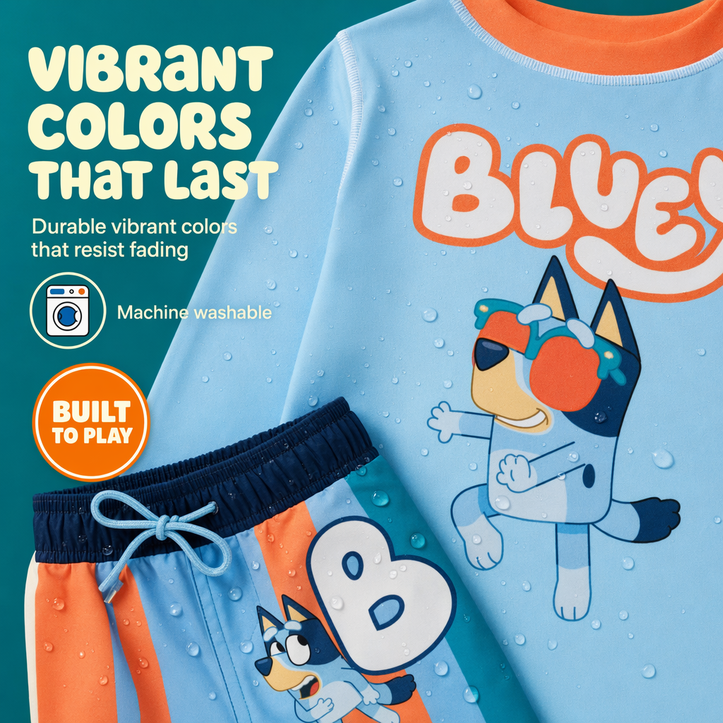 Bluey Boys' Long Sleeve Rash Guard and Swim Trunks Set Bingo Sky Blue