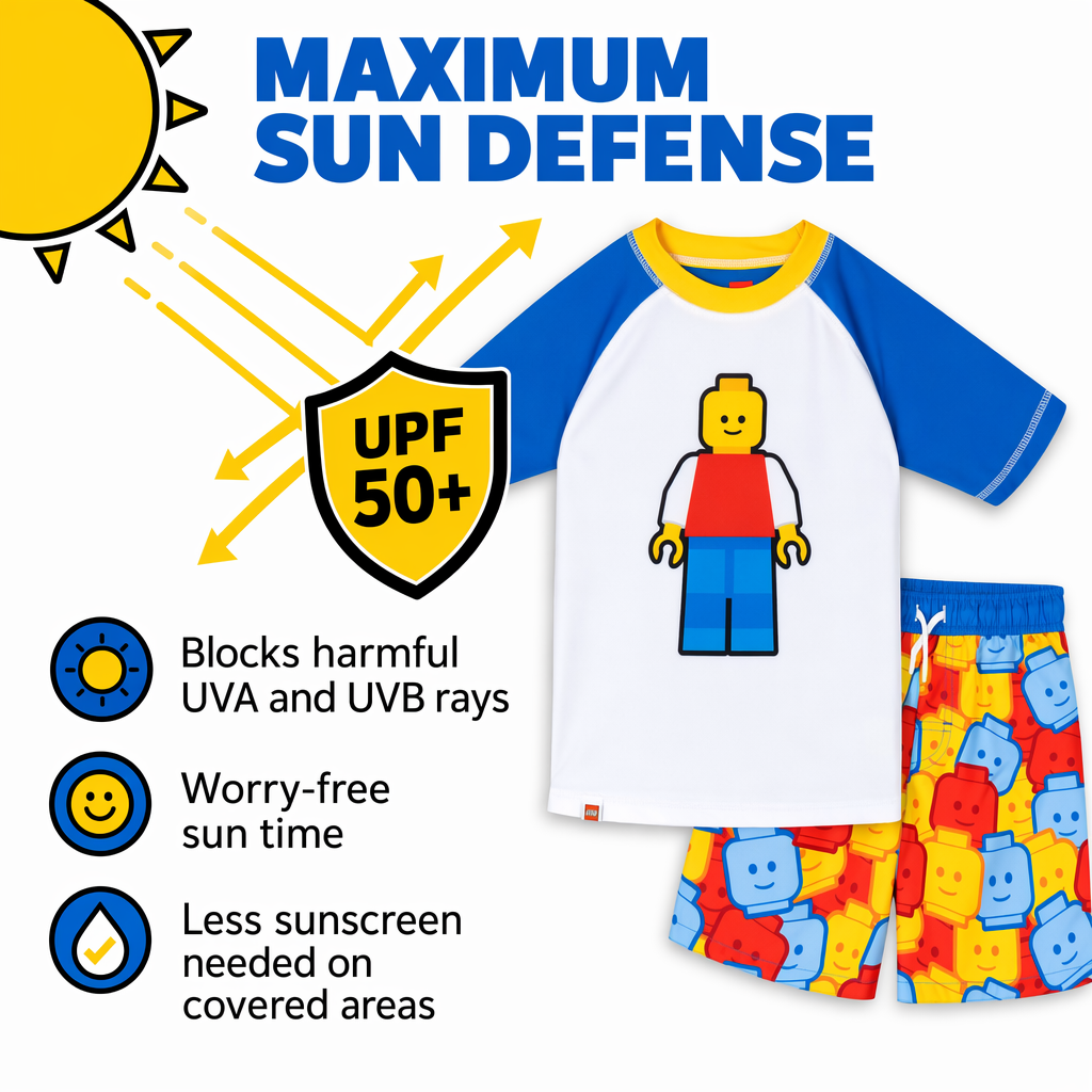 LEGO 2-Piece Swimwear Rash Guard and Swim Trunks Set Minifigure Blue Red