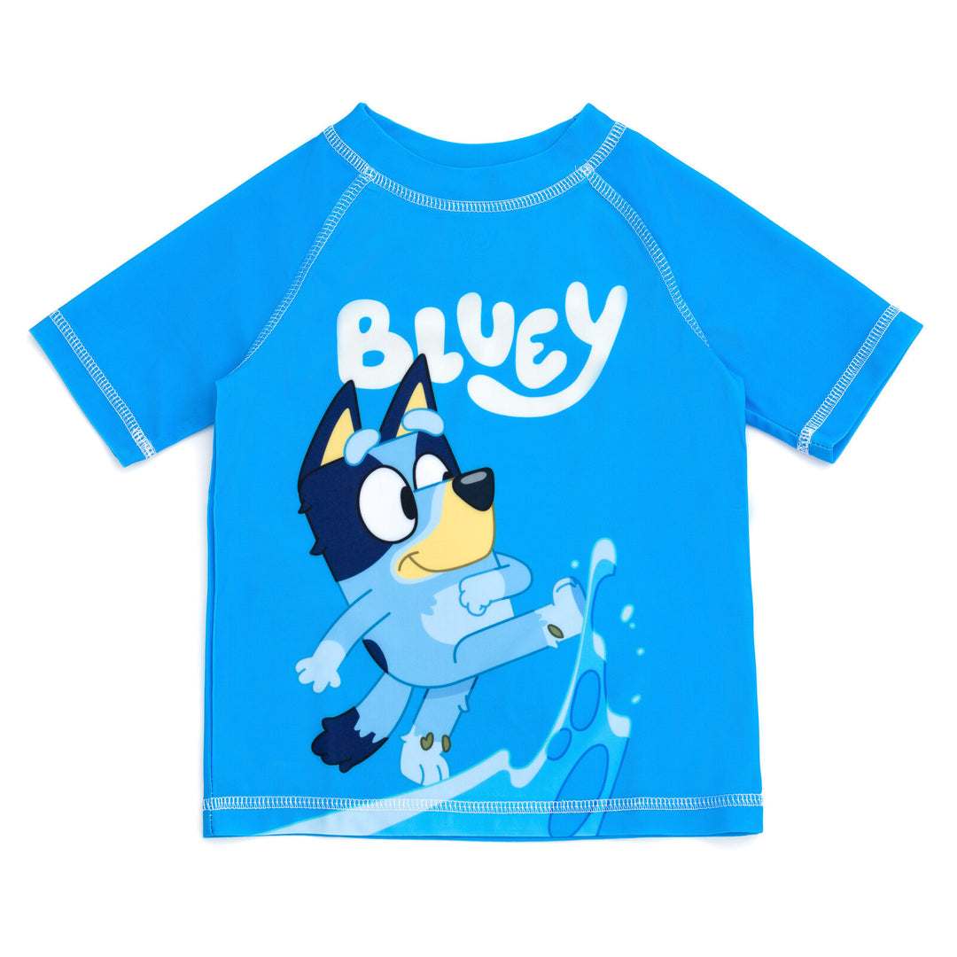 Bluey Boys' Swimwear 2-Piece Rash Guard and Swim Trunks Set Bingo Blue Tan