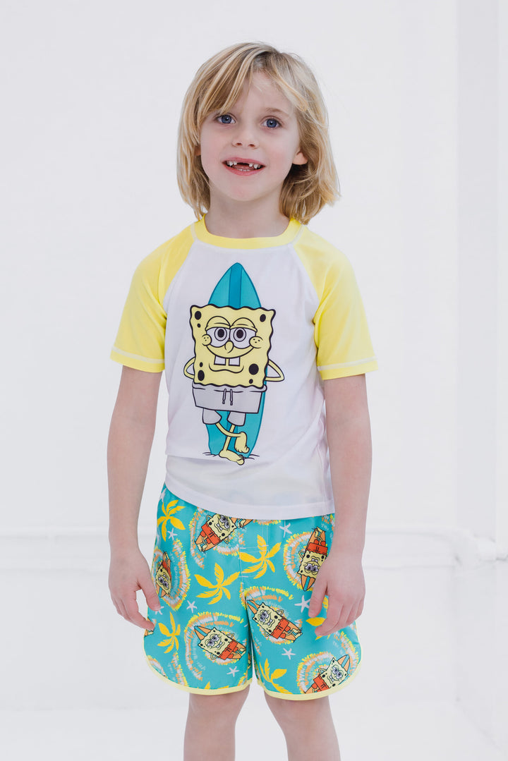SpongeBob SquarePants Boys' 2-Piece Swimwear Rash Guard and Swim Trunks Set Teal