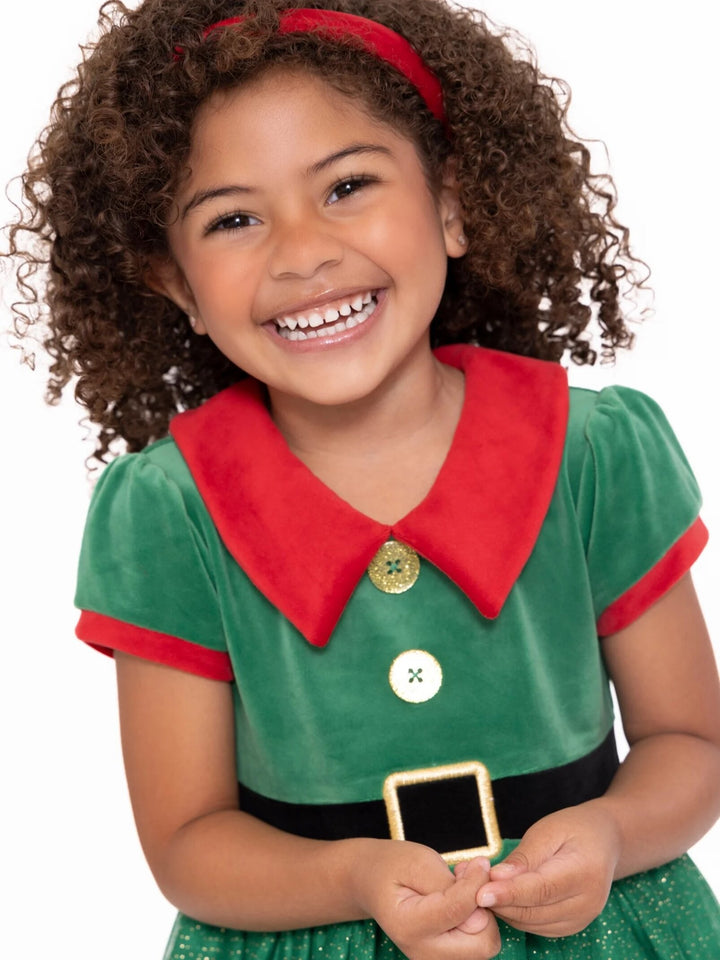 imagikids Girls' Holiday Short Sleeve Tulle Dress Green and Red