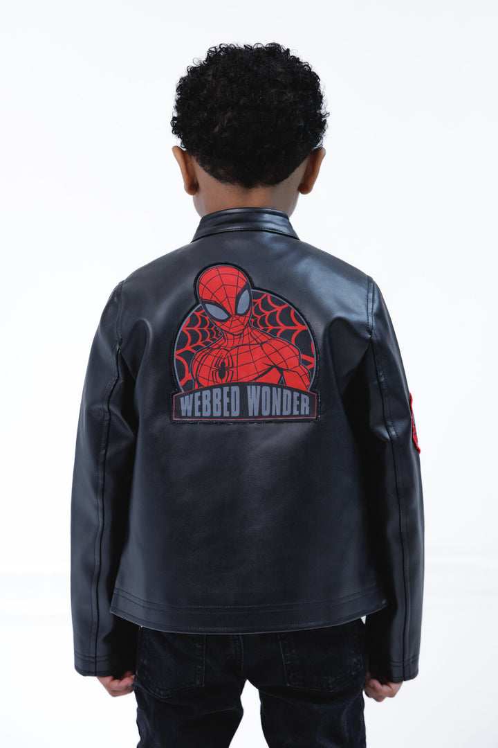 Marvel Spider-Man Boys' Zip-Up Leather Jacket Black Red