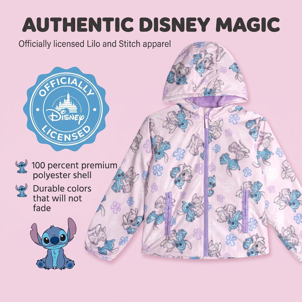 Lilo & Stitch Girls' Hooded Zip-Up Rain Jacket Pink And Angel
