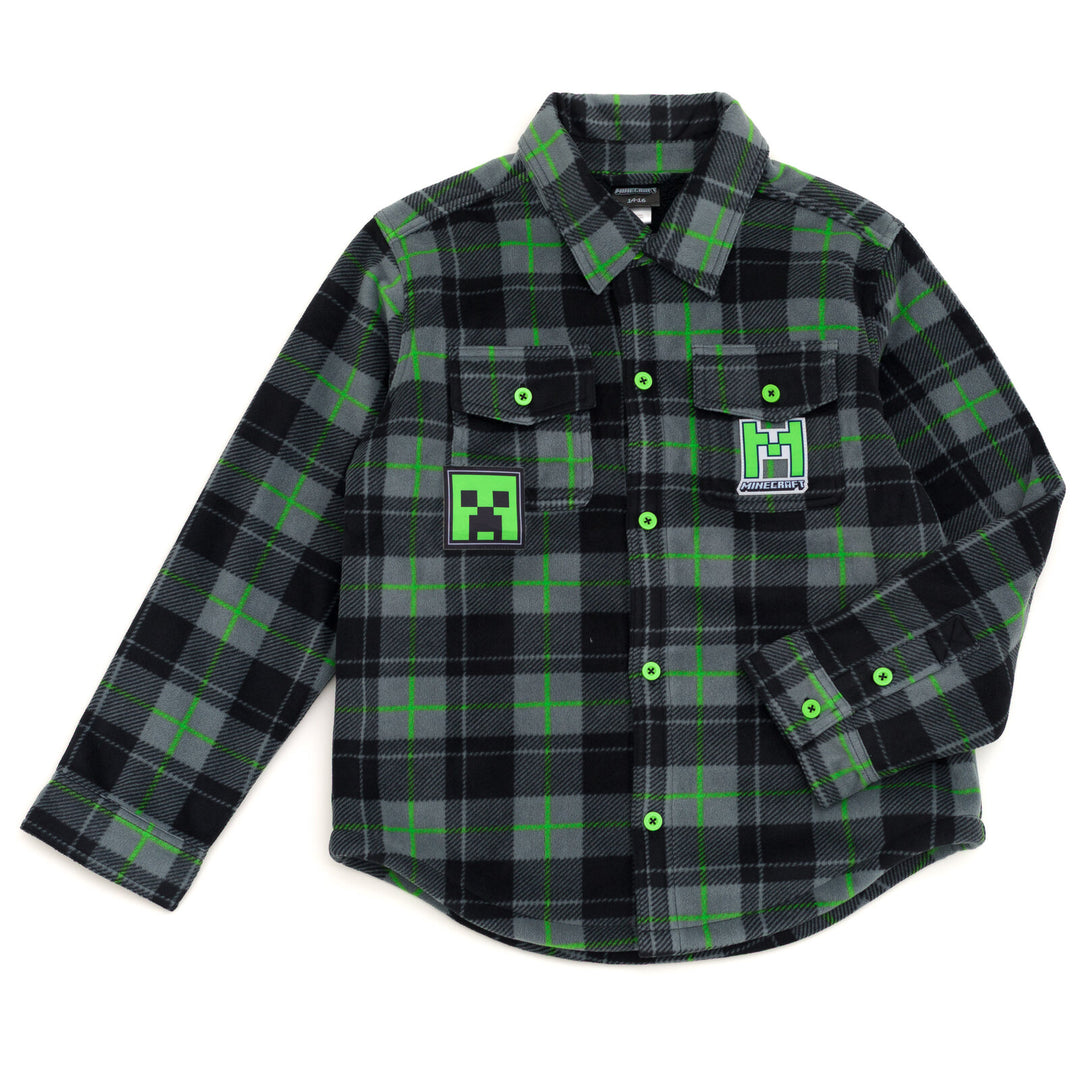 Minecraft Creeper Boys' Fleece Lined Shacket Gray Green