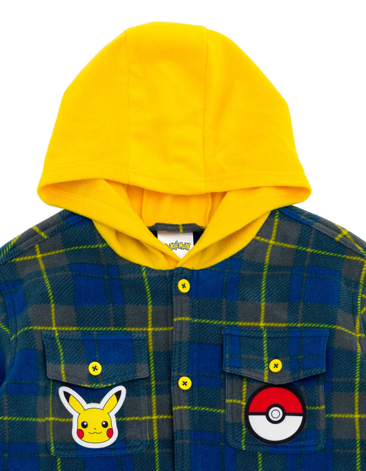 Pokemon Pikachu Boys' Hooded Fleece Shacket Navy Yellow