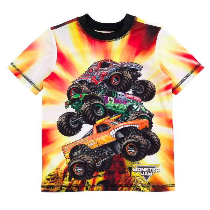 Monster Jam Boys' UPF 50+ 2-Piece Rash Guard and Swim Trunks Set Fiery Orange