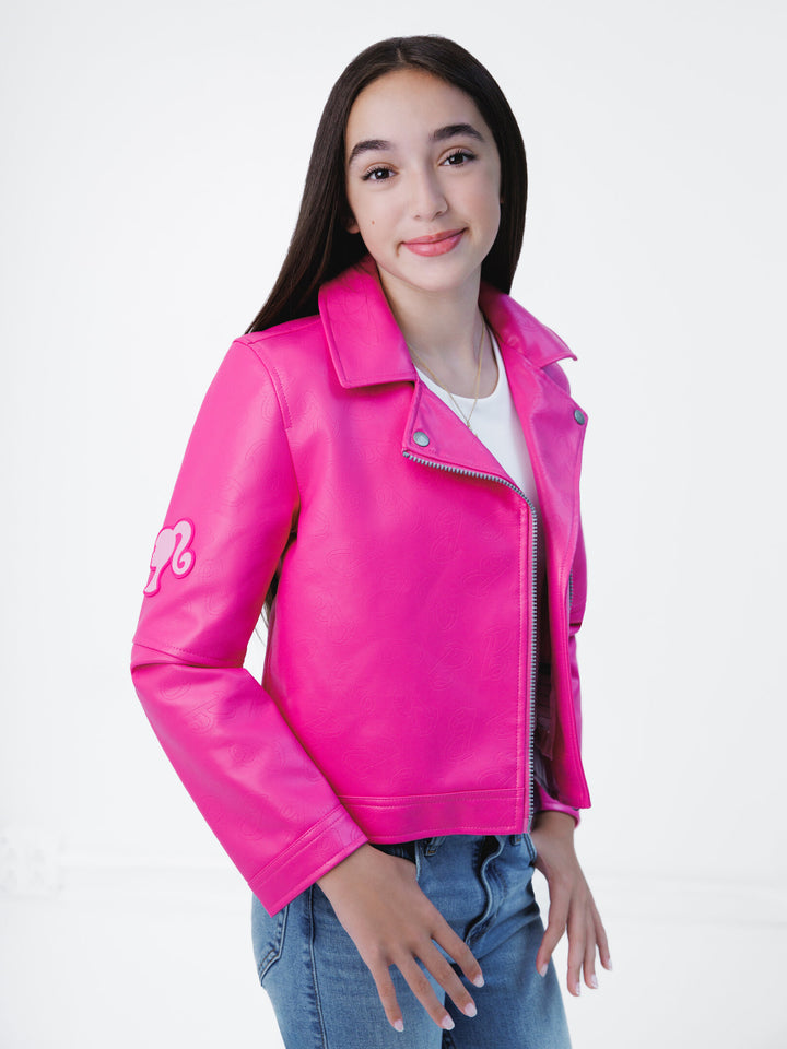 Barbie Girls' Iridescent Zip-Up Leather Jacket Pink