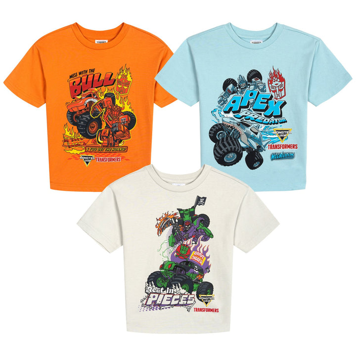 Monster Jam Transformers Boys' 3-Pack Short Sleeve Cotton T-Shirts Multi