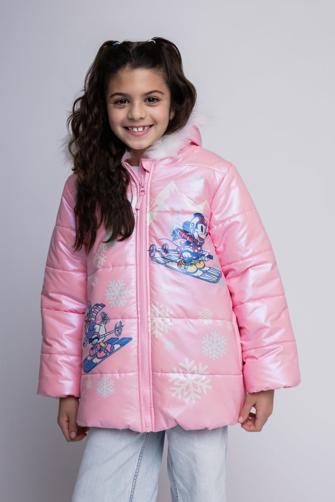 Minnie Mouse Girls' Faux Fur Hooded Puffer Coat Pink Daisy
