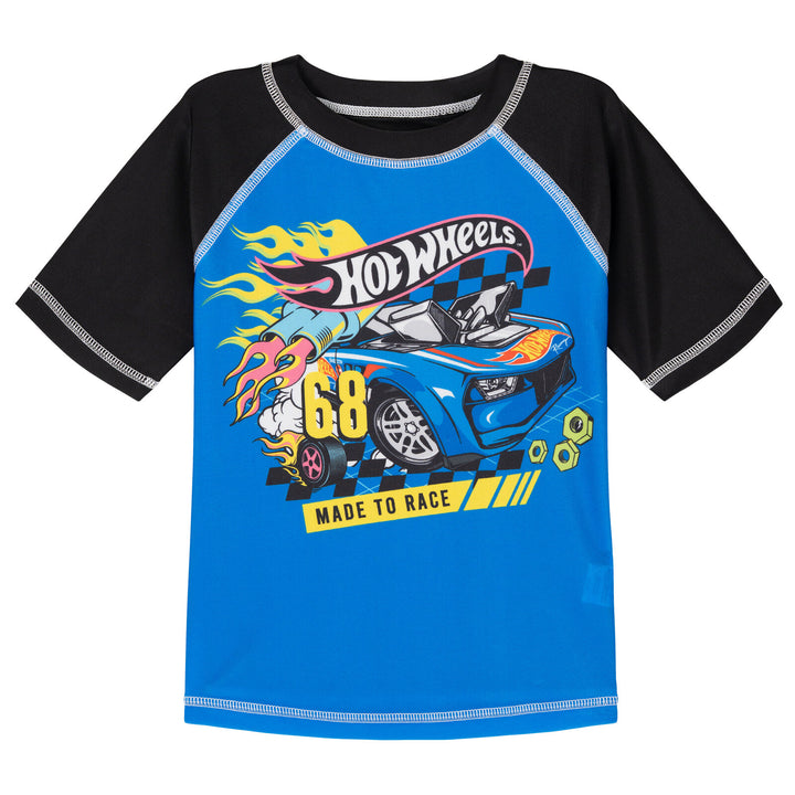 Hot Wheels 2-Piece Swimwear Rash Guard and Swim Trunks Set Blue Black Checker