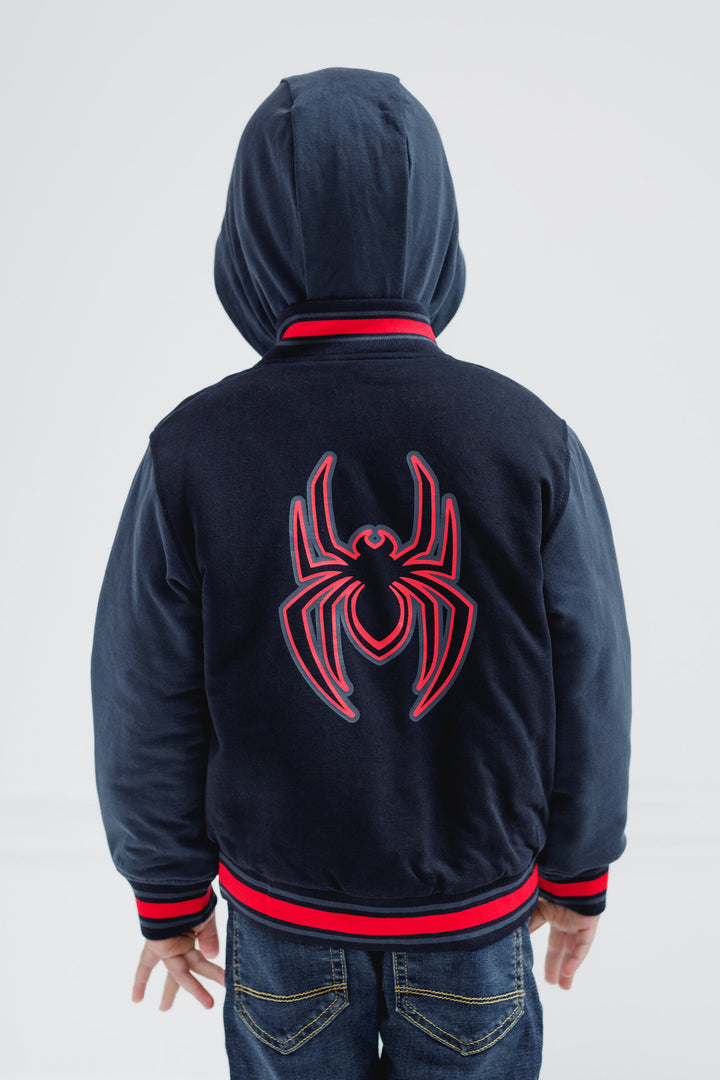 Marvel Spider-Verse Miles Morales Boys' Varsity Hooded Bomber Jacket Black