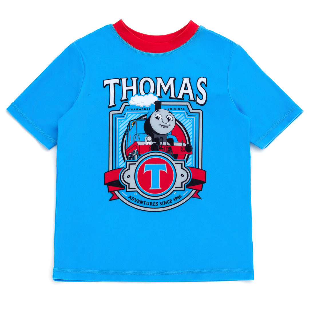 Thomas & Friends Boys' Swimwear 2-Piece Rash Guard and Swim Trunks Set Blue Red