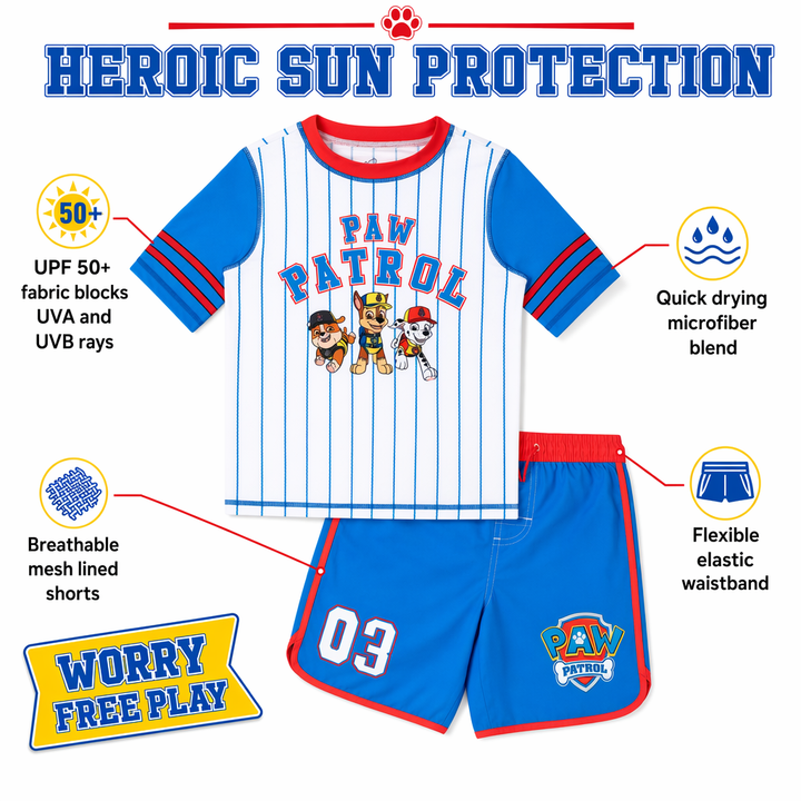Nickelodeon Paw Patrol 2-Piece Rash Guard and Swim Trunks Set Blue Pinstripe