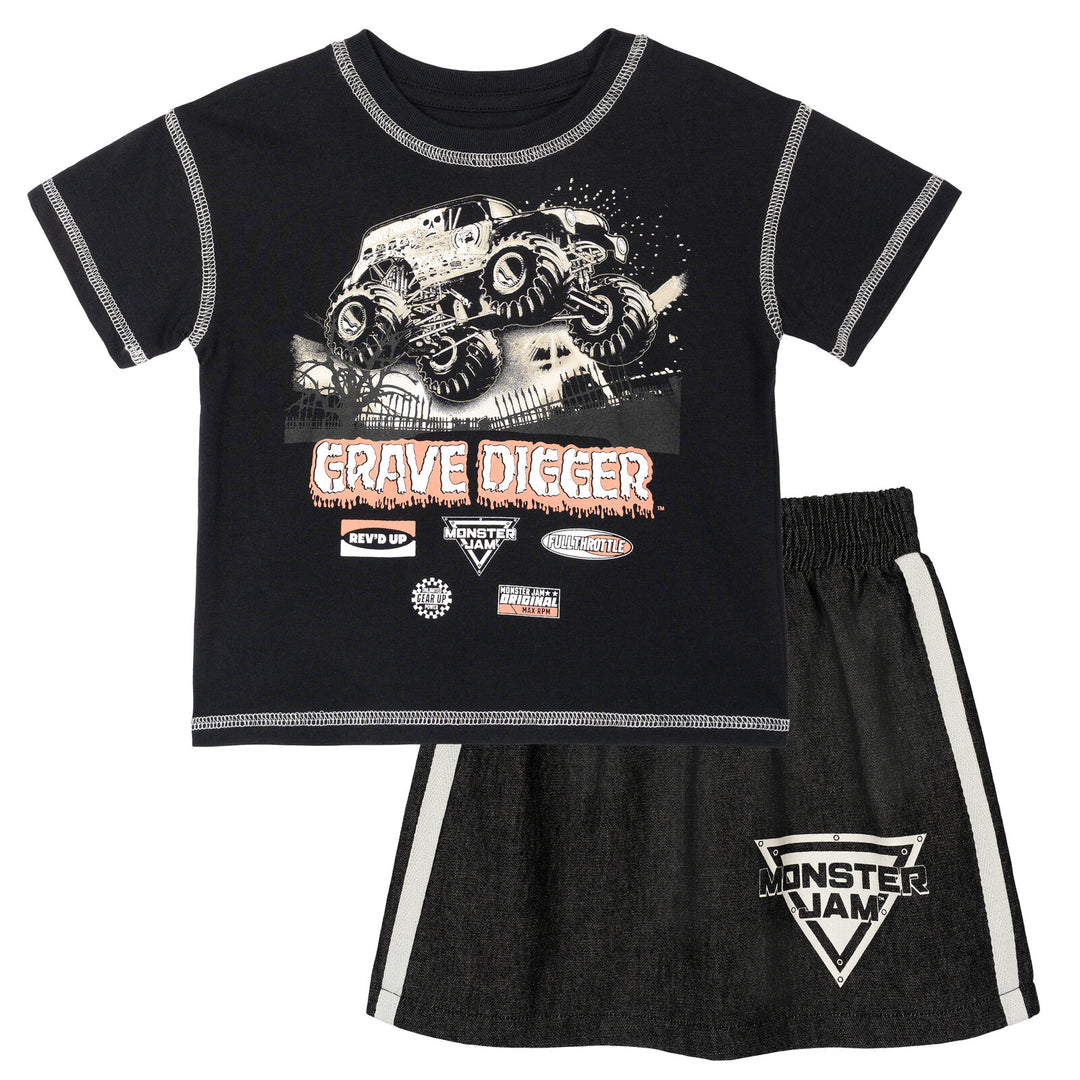 Monster Jam Grave Digger Boys' 2-Piece T-Shirt and Denim Skirt Set Gray