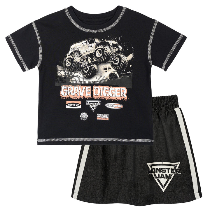 Monster Jam Grave Digger Boys' 2-Piece T-Shirt and Denim Skirt Set Gray