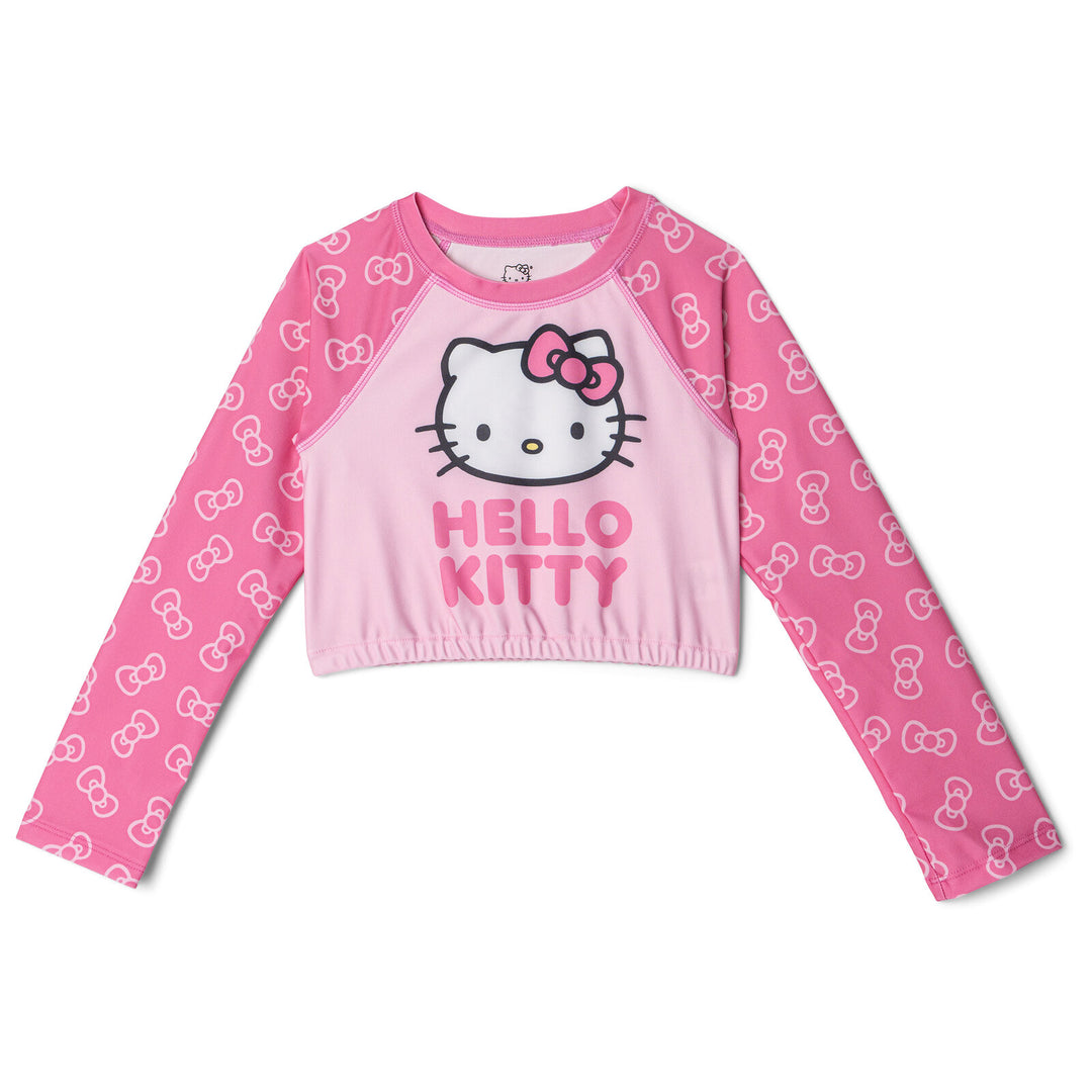 Hello Kitty Girls' 2-Piece Long Sleeve Rash Guard and Bikini Set Bow Pink