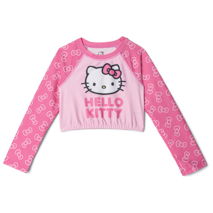 Hello Kitty Girls' 2-Piece Long Sleeve Rash Guard and Bikini Set Bow Pink
