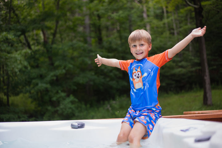 Bluey Boys' Swimwear 2-Piece Rash Guard and Swim Trunks Set Bingo Blue Orange
