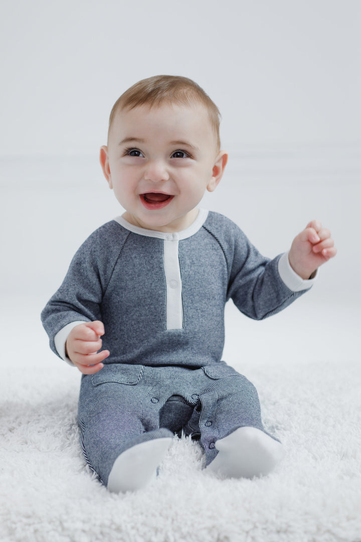 Cozeeme Baby Boy or Girl Footed Sleep N Play Navy White Stripe
