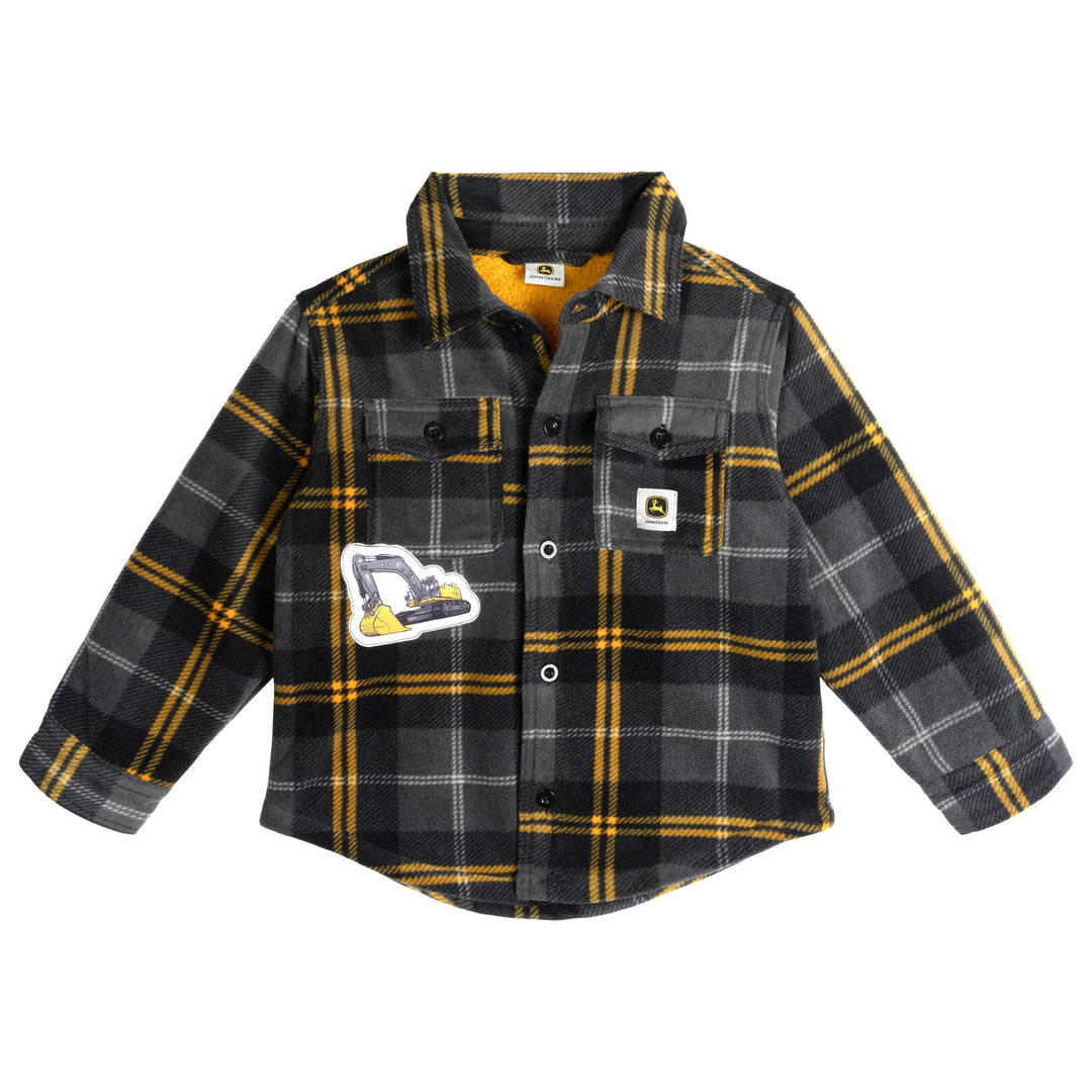 John Deere Boys' Fleece Lined Shacket Grey Yellow Plaid