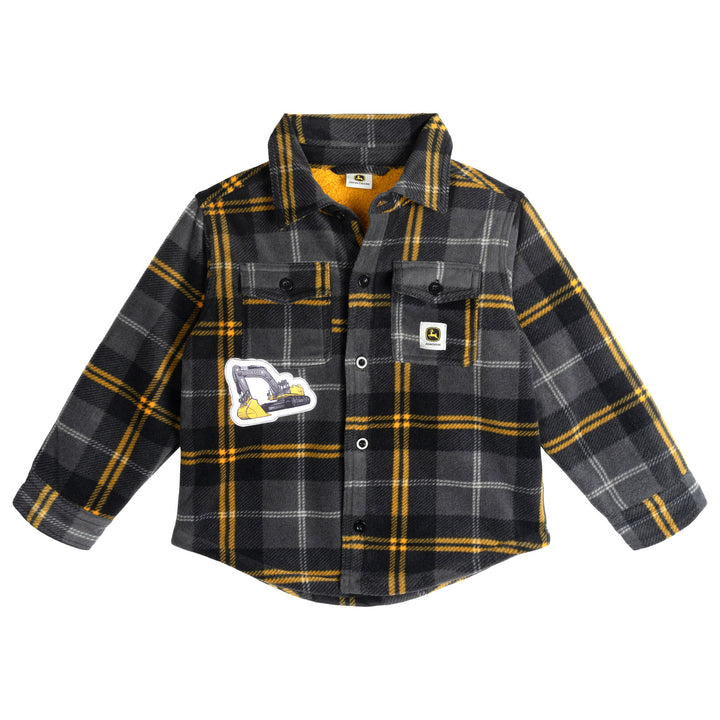 John Deere Boys' Fleece Lined Shacket Grey Yellow Plaid