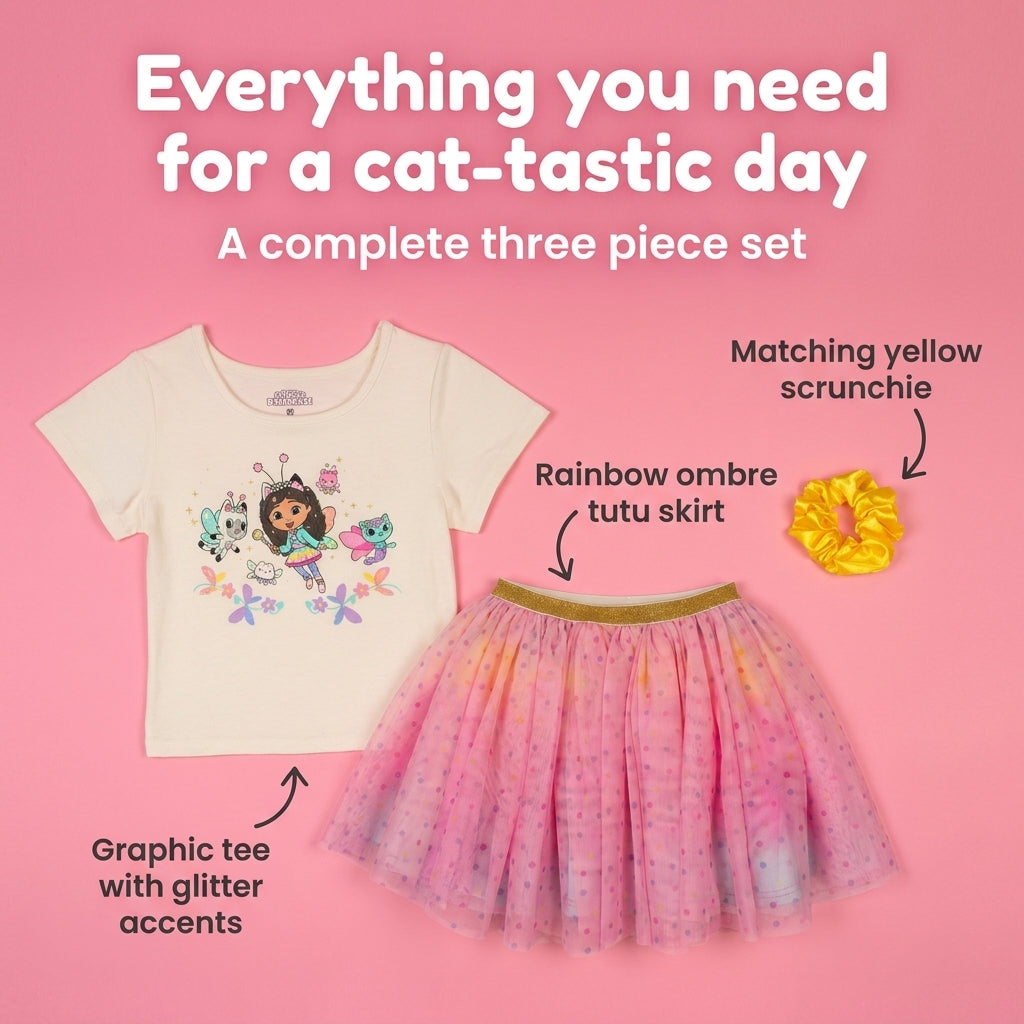Gabby's Dollhouse T-Shirt and Tutu Skirt Set with Scrunchie Tusk Rainbow Polka