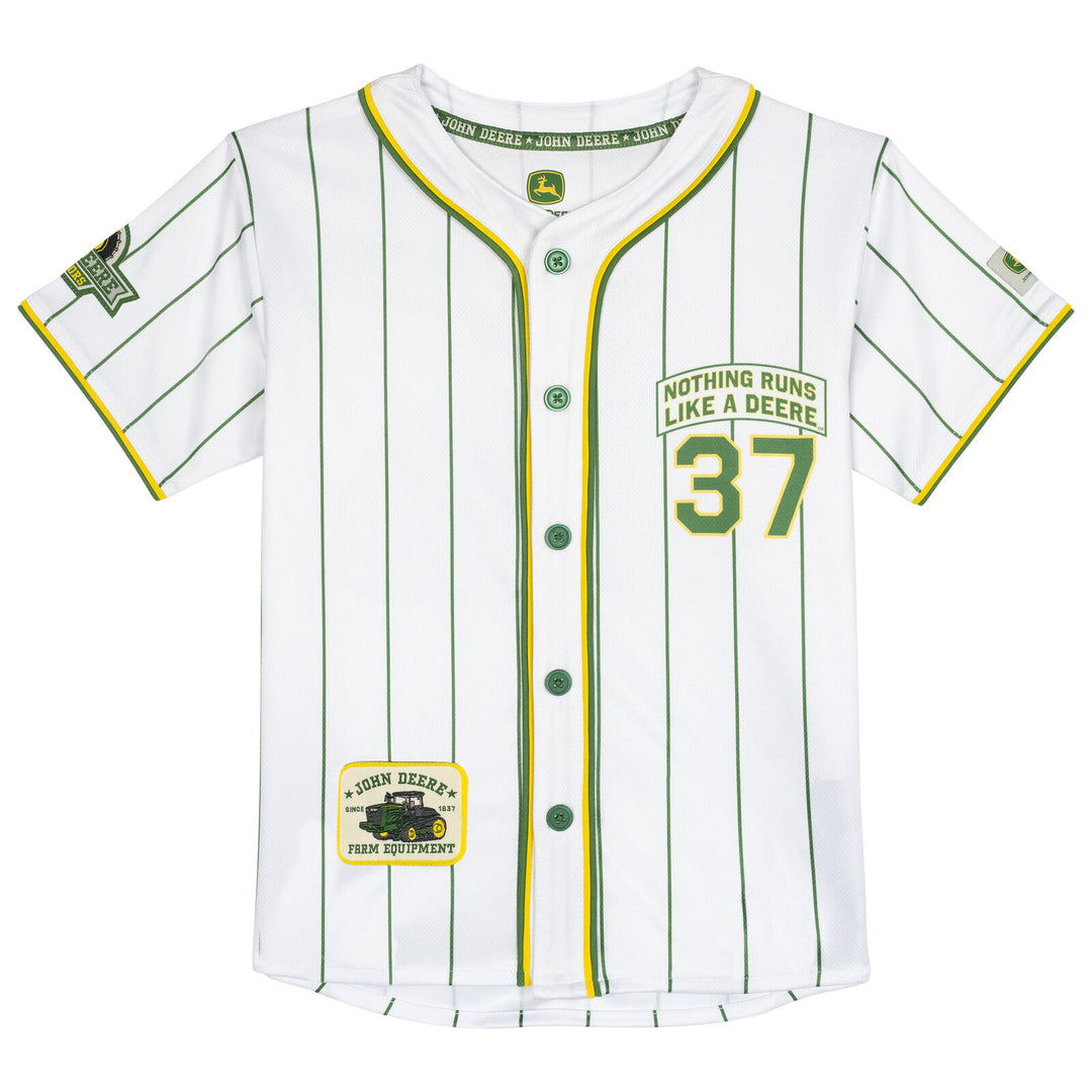 John Deere Boys' Baseball Button Front Shirt White Green Pinstripe
