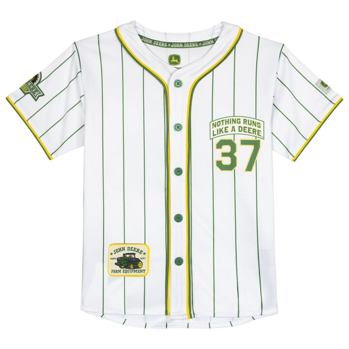 John Deere Boys' Baseball Button Front Shirt White Green Pinstripe