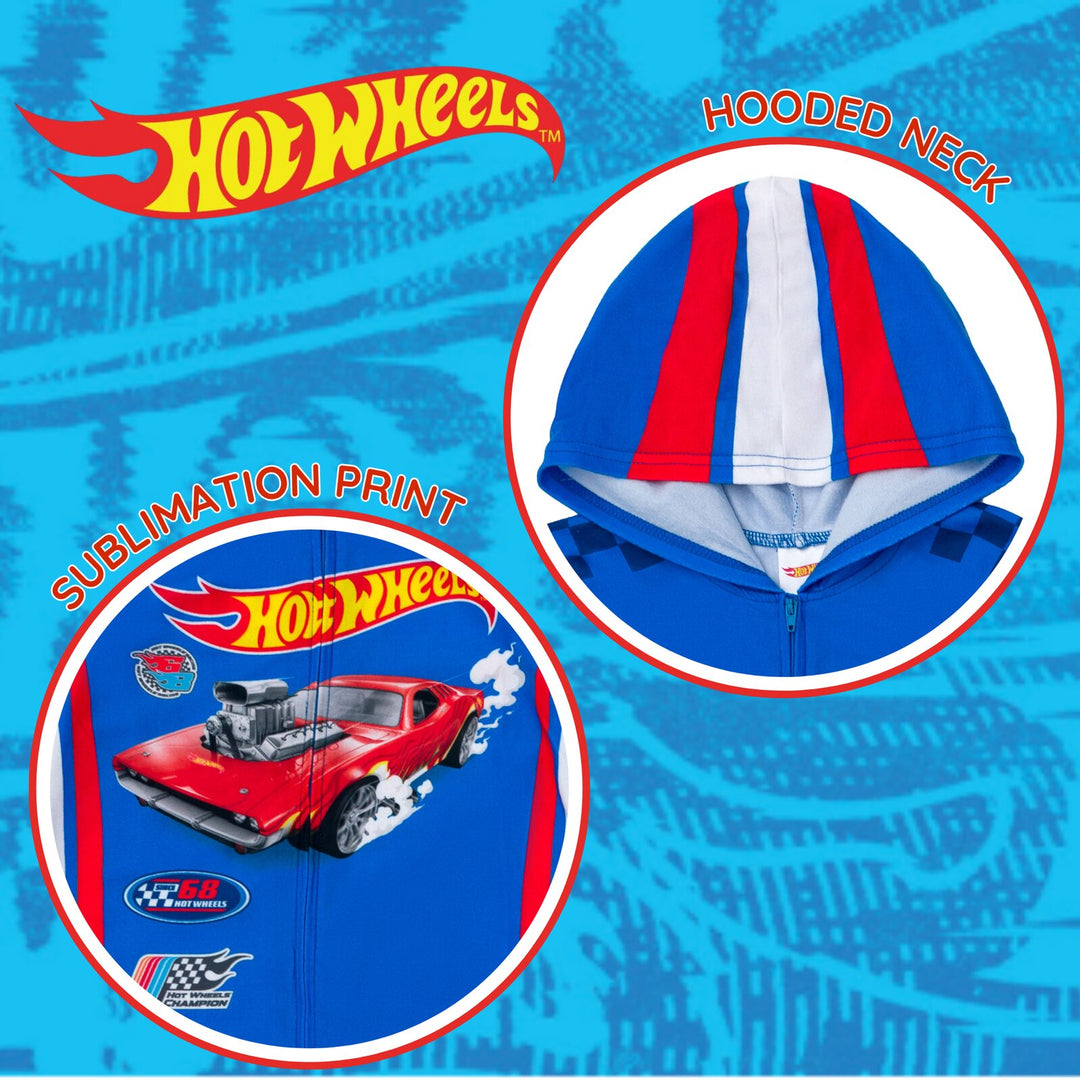 Hot Wheels Boys' Racing Fleece Hooded One Piece Pajama Royal Blue Red