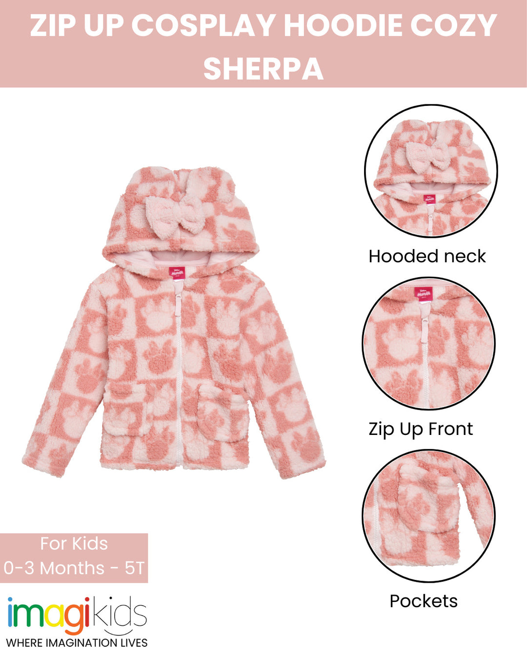 Minnie Mouse Girls' Fleece Zip-Up Hoodie Light Pink