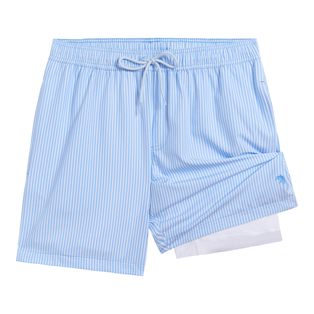 Dreamwave Men's Compression Liner Swim Trunks with Phone Pocket 7 inch Inseam Anti Chafing Blue White Stripe
