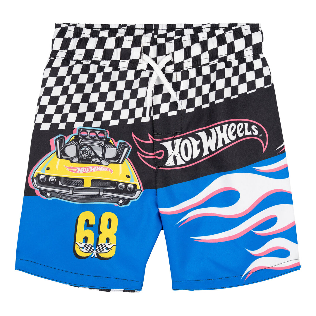 Hot Wheels 2-Piece Swimwear Rash Guard and Swim Trunks Set Blue Black Checker