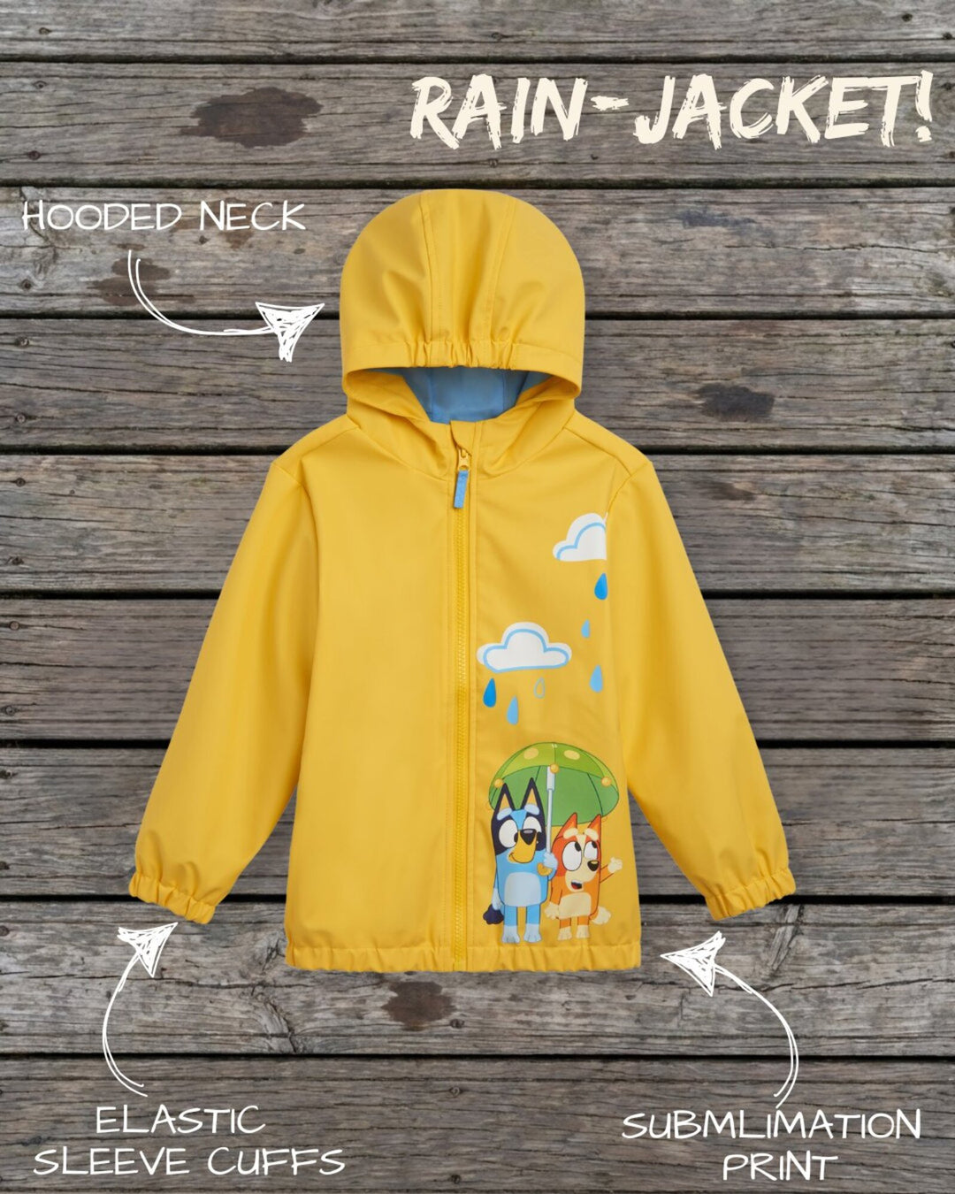 Bluey Zip-Up Hooded Rain Jacket Yellow