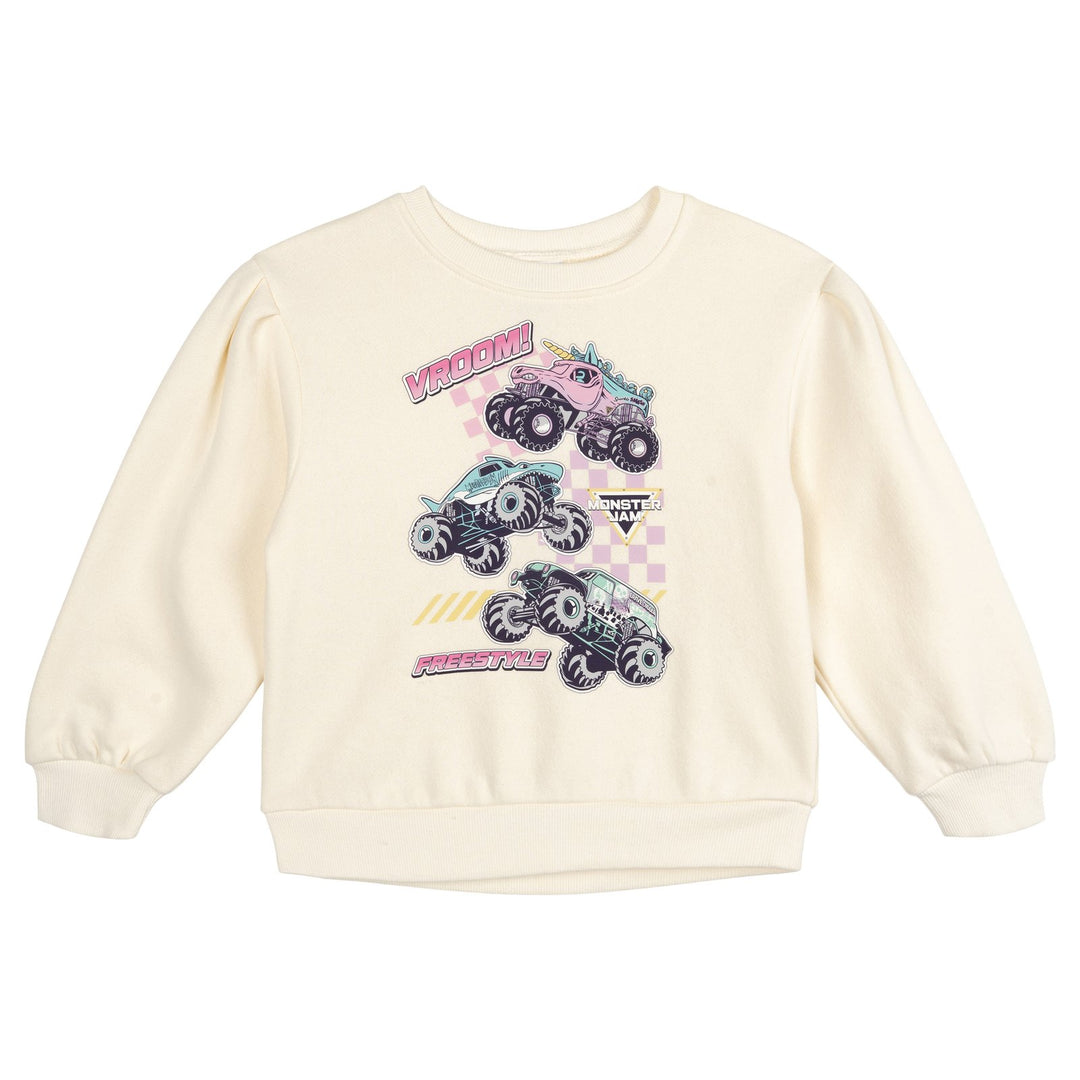 Monster Jam Girls' 2-Piece Fleece Sweatshirt and Pants Set Cream Blue Checker