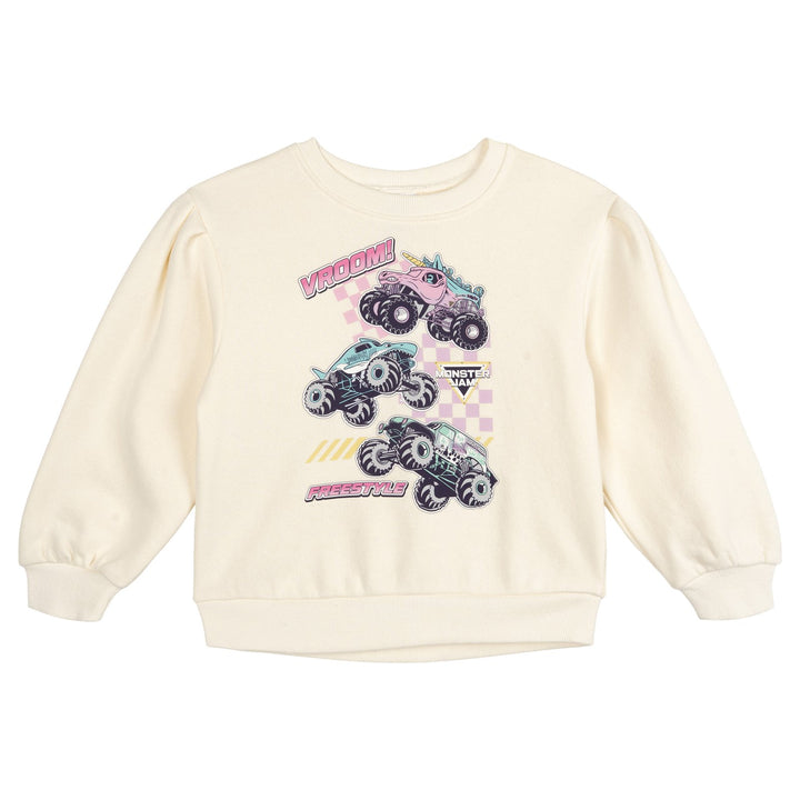 Monster Jam Girls' 2-Piece Fleece Sweatshirt and Pants Set Cream Blue Checker