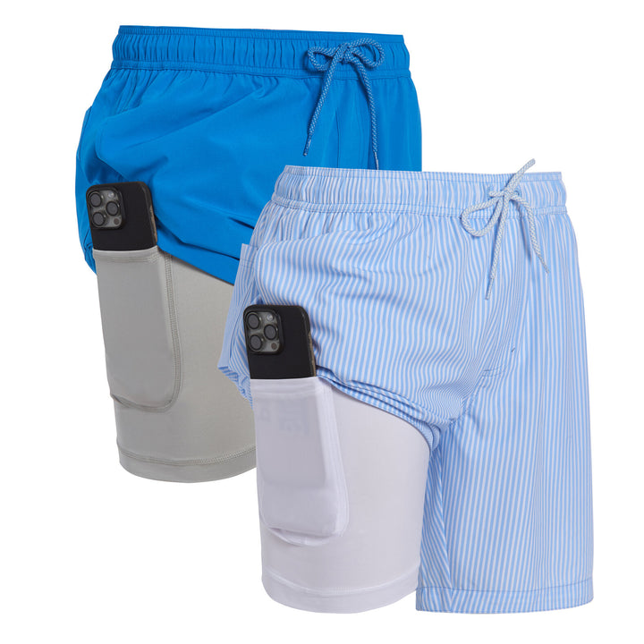 Dreamwave Men's 2-Pack Compression Liner Swim Trunks with Phone Pocket 7 inch Inseam Anti Chafing Blue Stripe