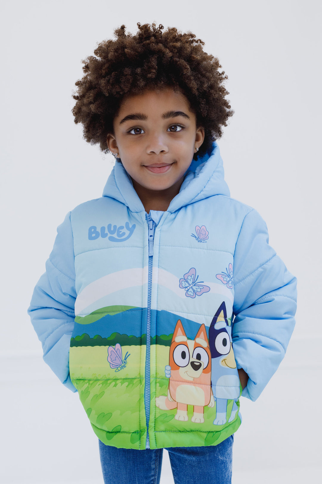 Bluey Girls' Hooded Zip-Up Puffer Jacket Bingo Sky Blue