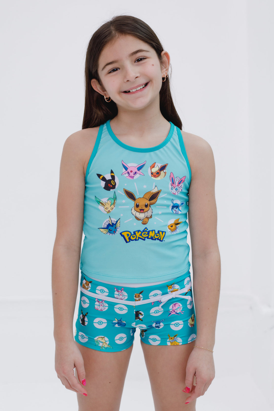 Pokemon Eevee Girls' 2-Piece Swimwear Tankini and Swim Shorts Set Light Teal