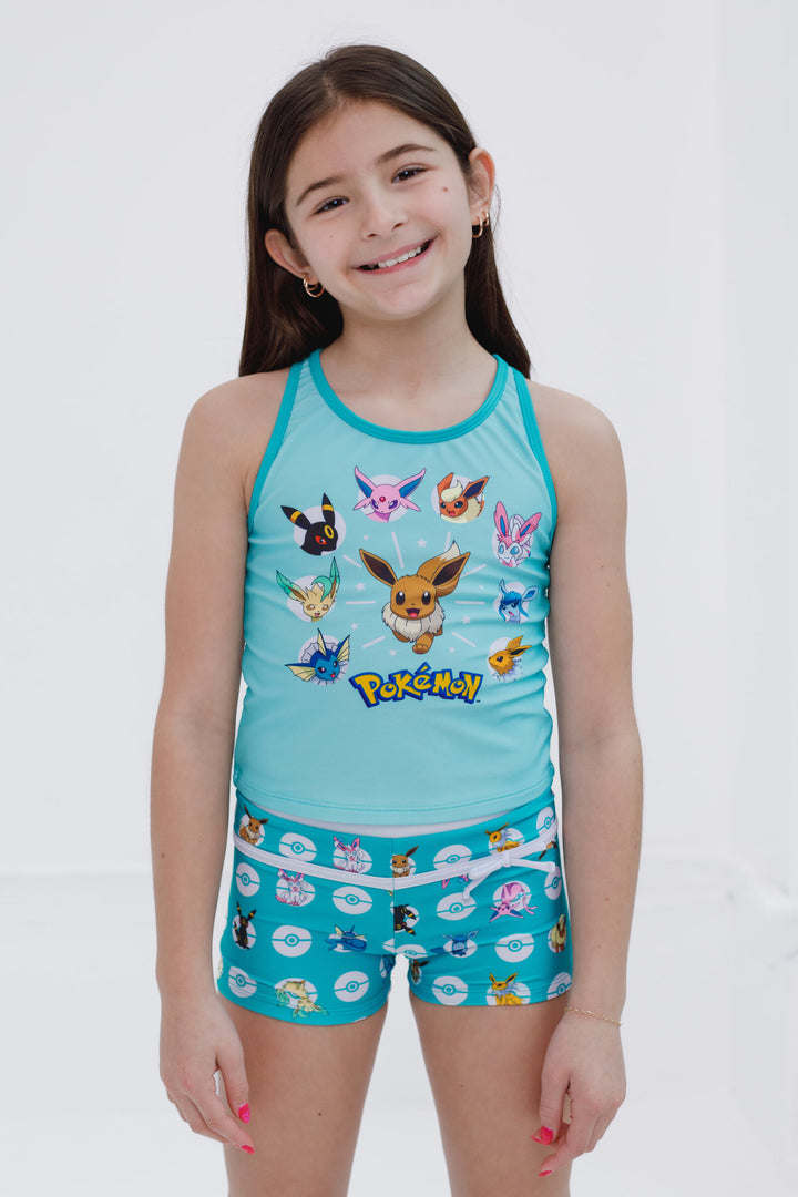 Pokemon Eevee Girls' 2-Piece Swimwear Tankini and Swim Shorts Set Light Teal
