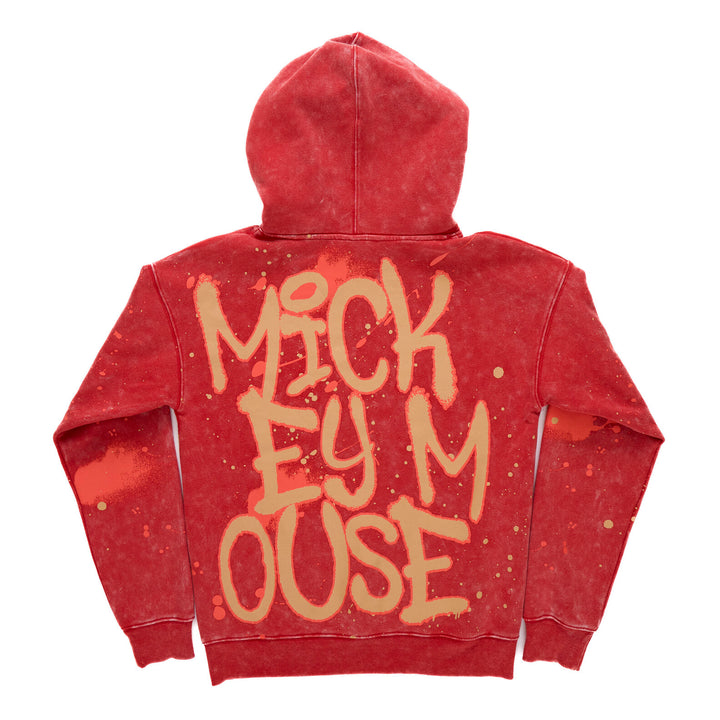 Disney Mickey Mouse Men's Fleece Pullover Hoodie Red Acid Wash