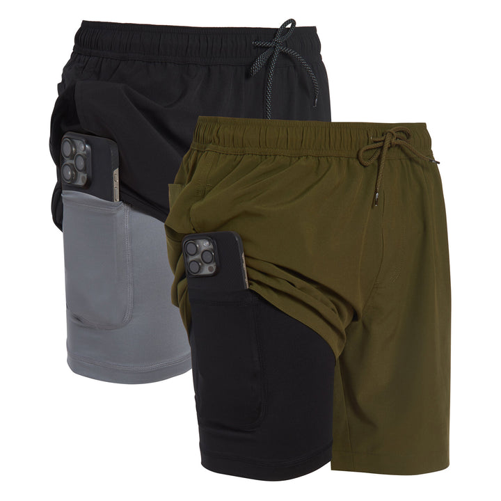 Dreamwave Men's 2-Pack Compression Liner Swim Trunks with Phone Pocket 7 inch Inseam Anti Chafing Black Olive Green