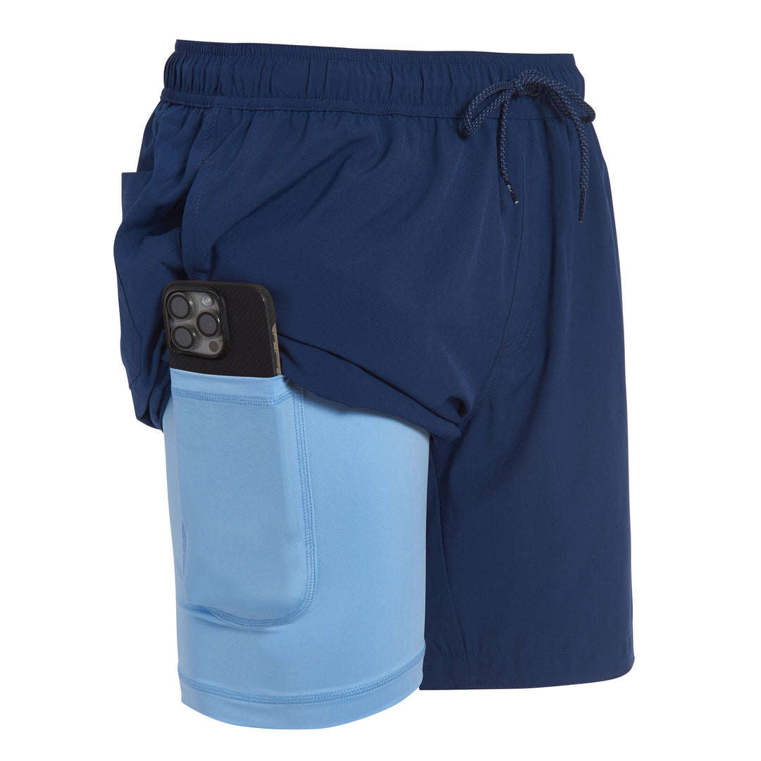 Dreamwave Men's Compression Liner Swim Trunks with Phone Pocket 7 inch Inseam Anti Chafing Navy Light Blue