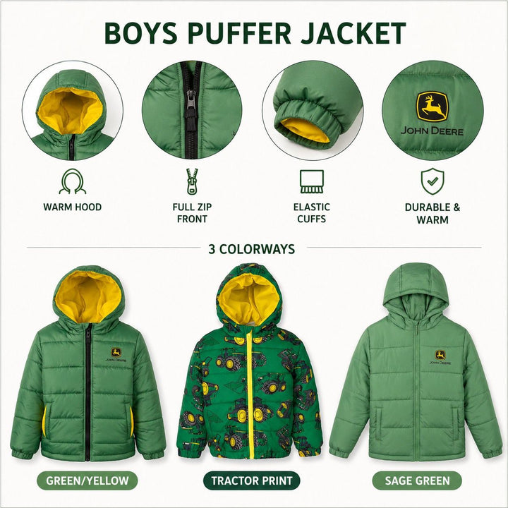 John Deere Boys' Quilted Hooded Puffer Jacket Chase Marshall Green