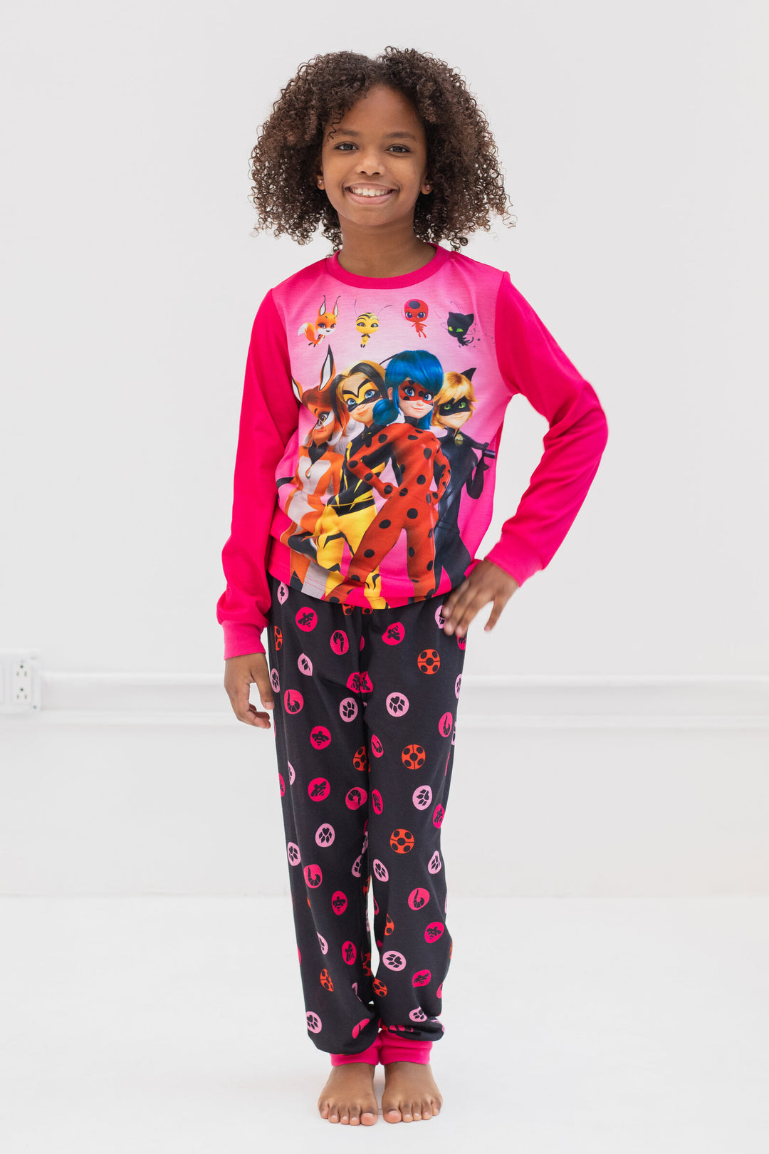 Miraculous Big Girls' 2-Piece Long Sleeve Pajama Set Pink Black